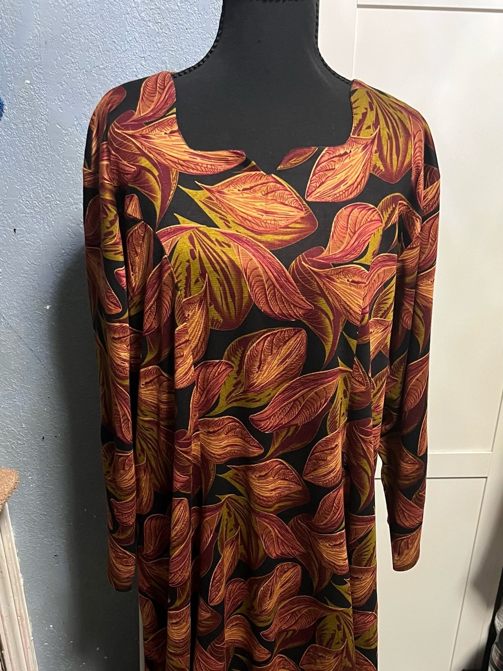 Women's Black Dress with Rust Leaf Print